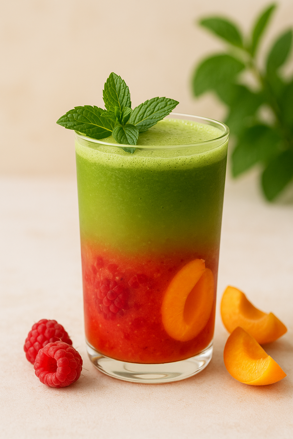 Une verre avec une purée de fruits et du matcha